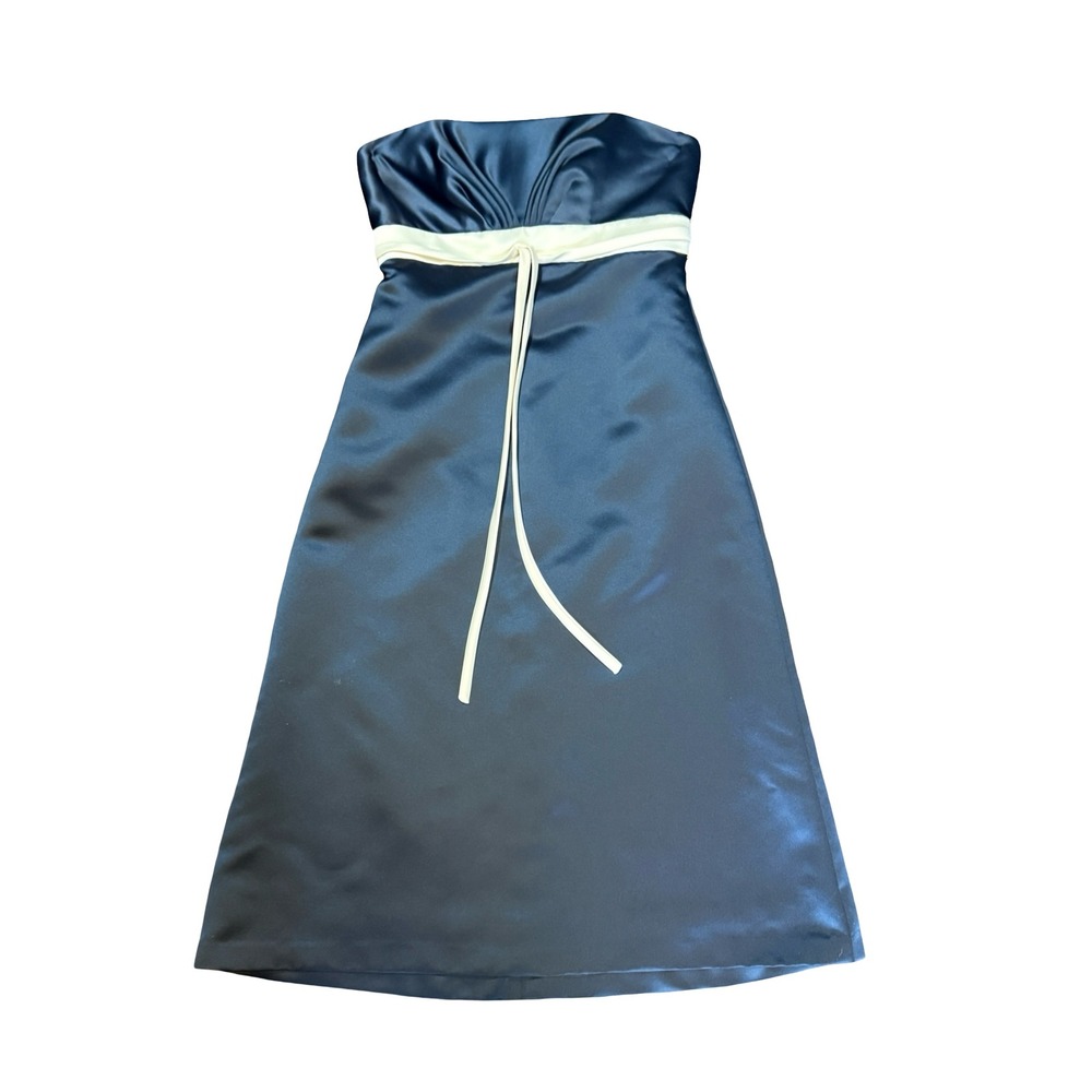 Alfred Sung Midnight Ivory Strapless Satin Cocktail Dress‎ Navy Blue 4 Formal